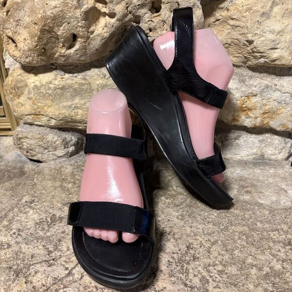Dansko Shoes - DANSKO Black Patent Leather Elastic Mid High Wedge Sandals W’s 42/10.5-11